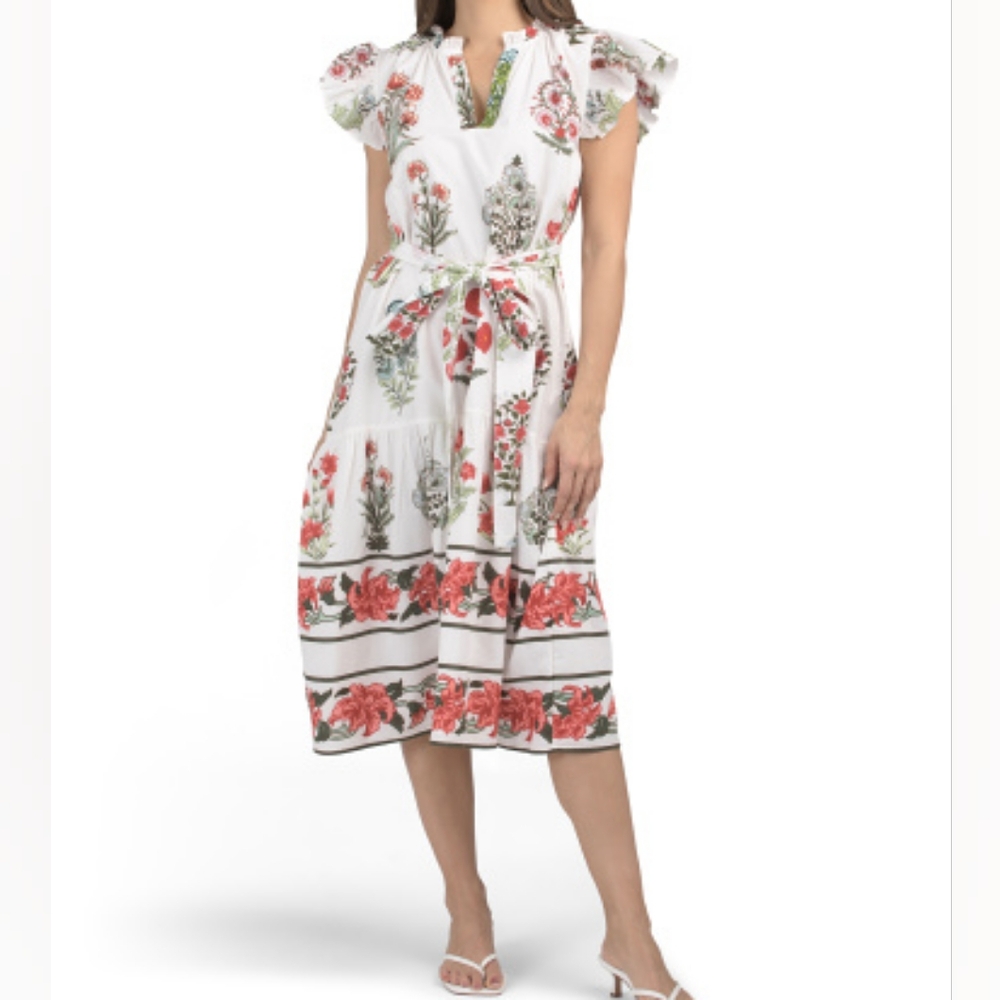 NWT - Bindu Cotton Gauze India Lined White Floral Print Tie Waist Midi Dress XL